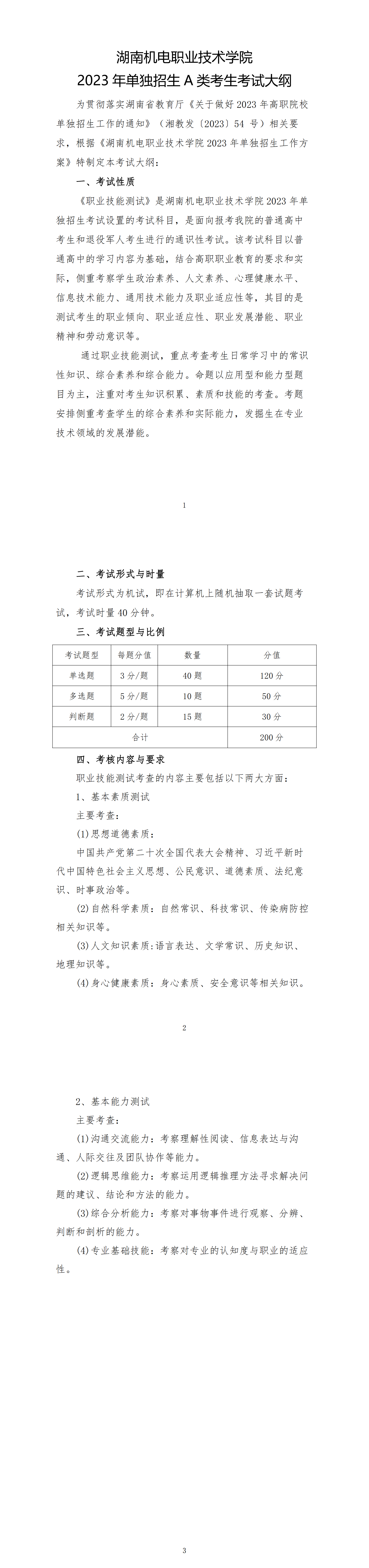 2023年湖南机电职业技术学院单招A类考生考试大纲